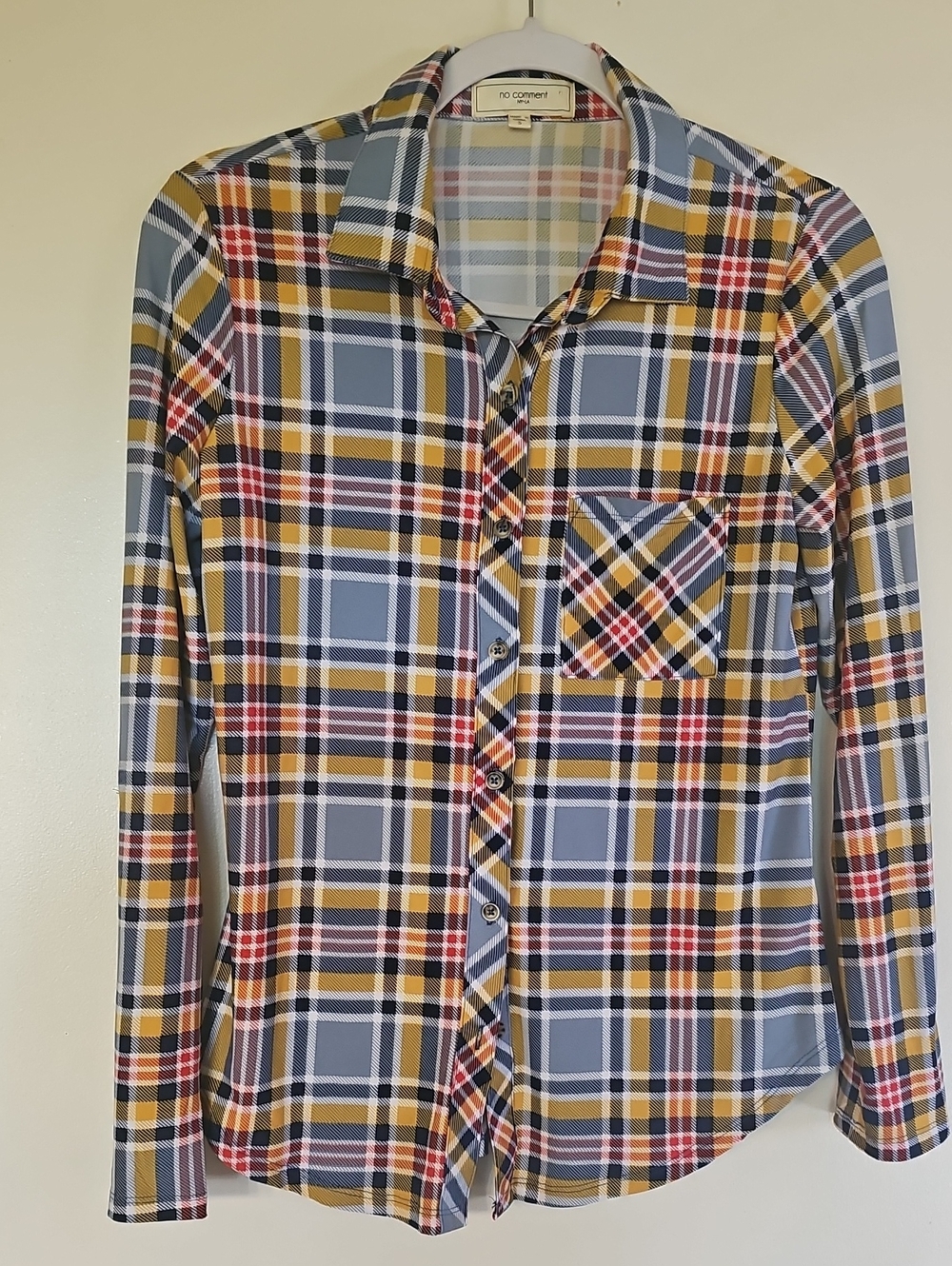 NO COMMENT Womens Plaid Button-Up Shirt in Blue and Mustard. Lightweight.